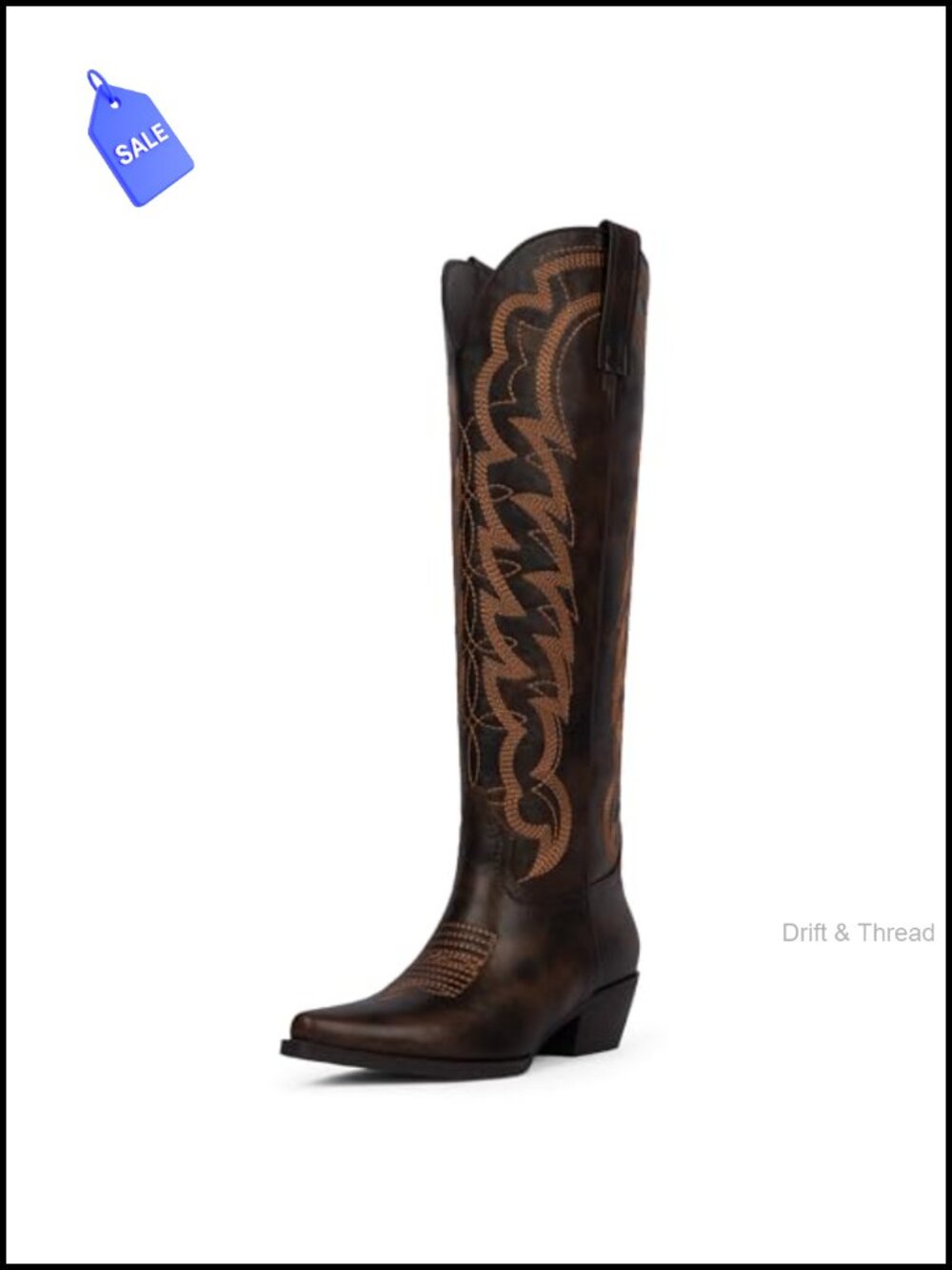 Women's Knee High Embroidered Butterfly Cowboy Boots Pointed Toe Chunky Heel